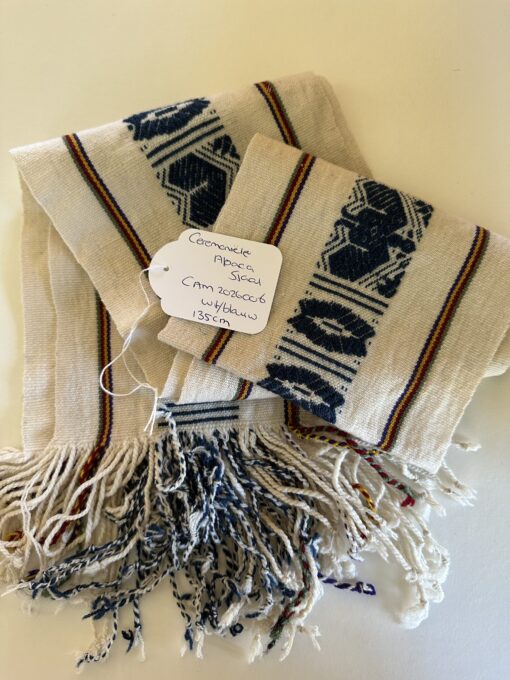 Ceremoniële Alpaca Sjaal Wit Blauw.